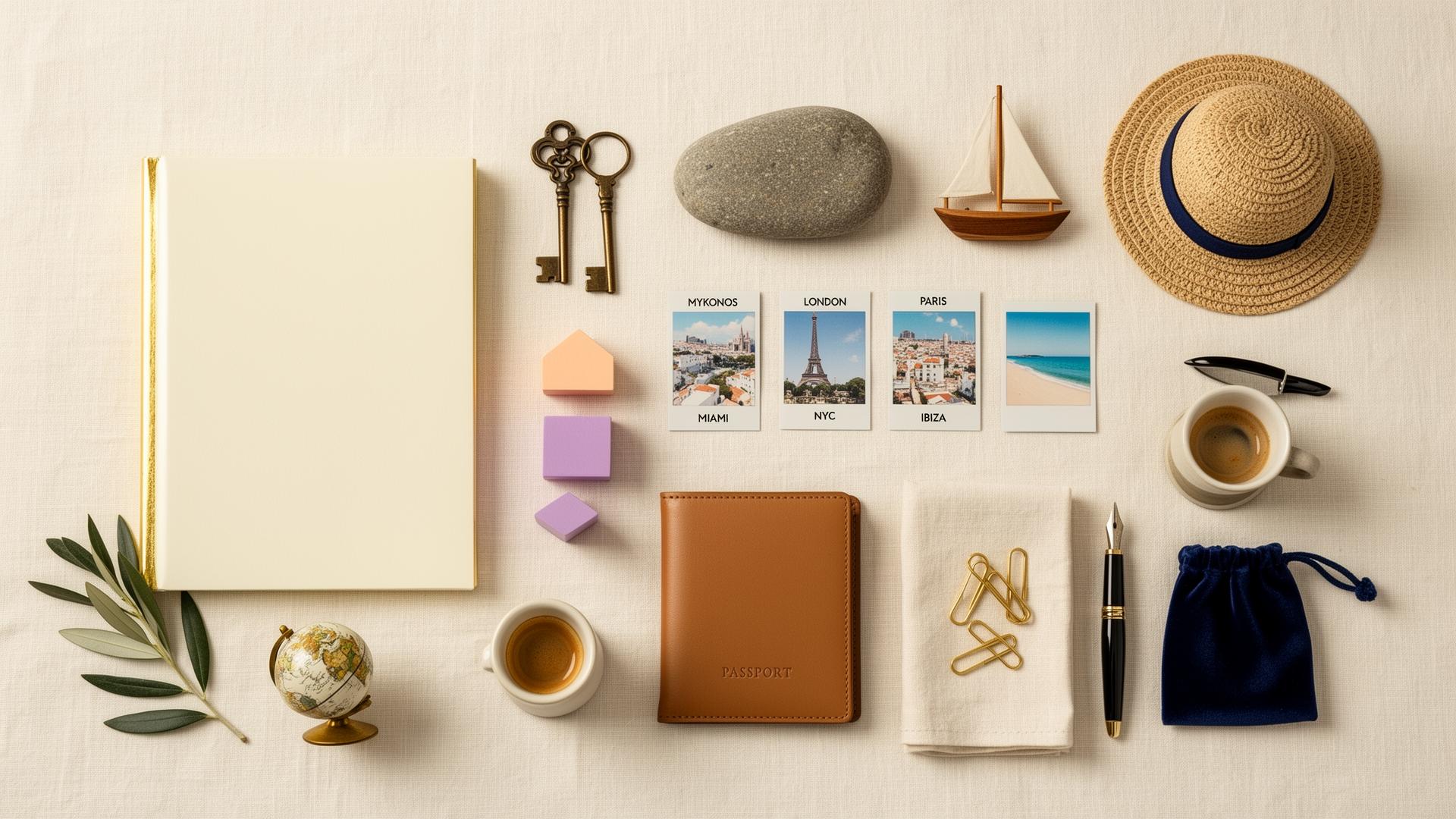 Overhead flat-lay of items representing the Let Them Play service: notebook, postcards from six destinations, passport, toys and a fountain pen